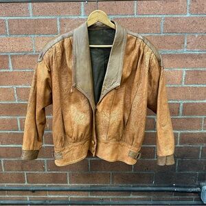 Men's Cognac Leather Jacket with Paisley Embossing